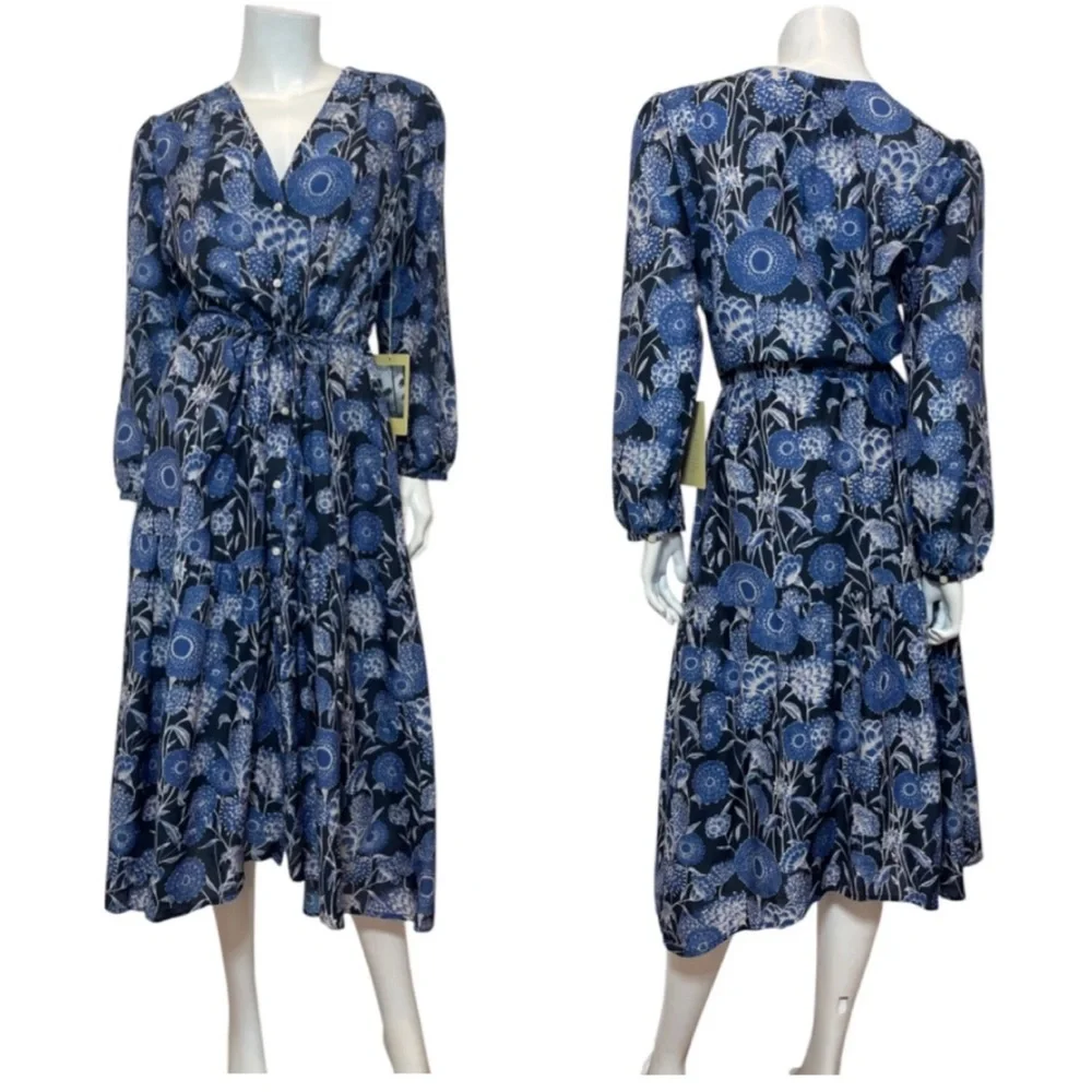 Trovata Birds of Paradis Anthropologie Ainsley Coastal Blue Flor MIDI Dress NWT